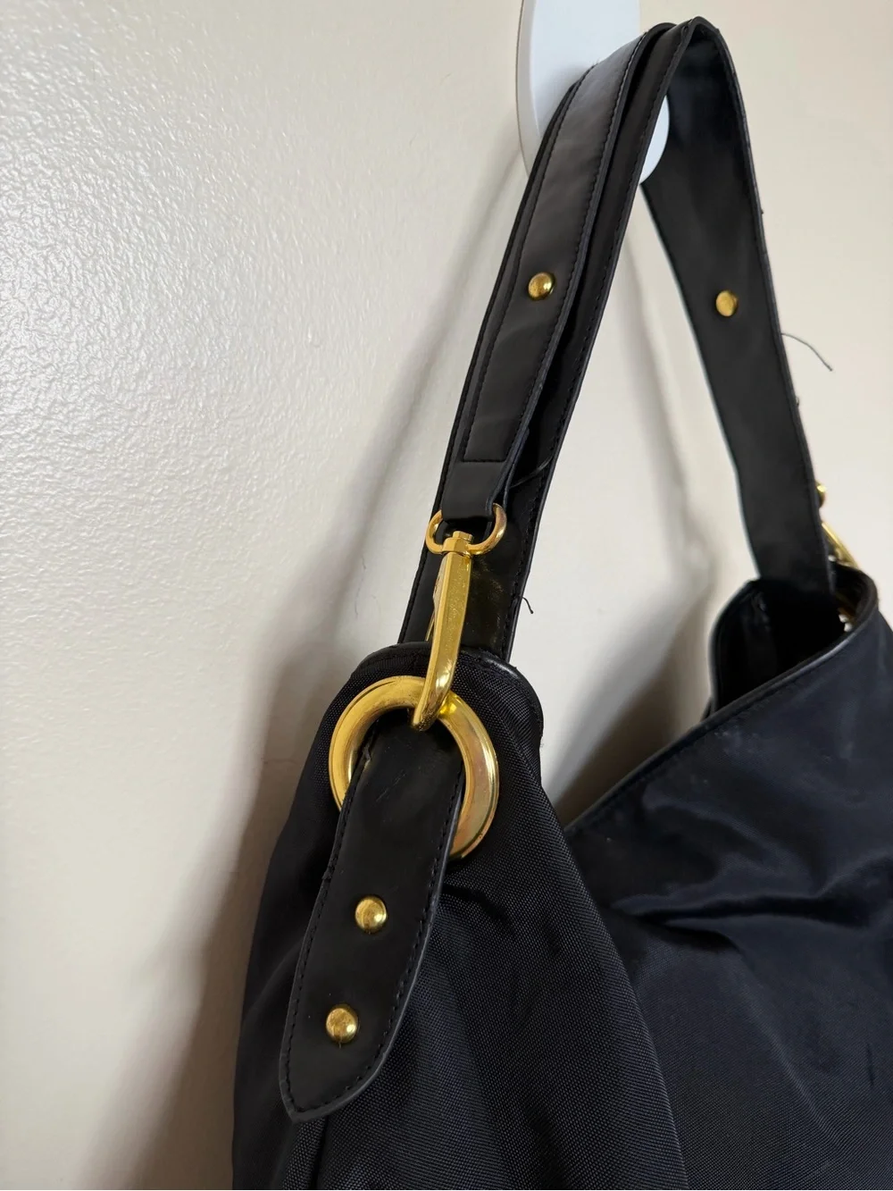 KENNETH COLE REACTION Black Canvas Large Hobo Shoulder Bag with Gold Accents